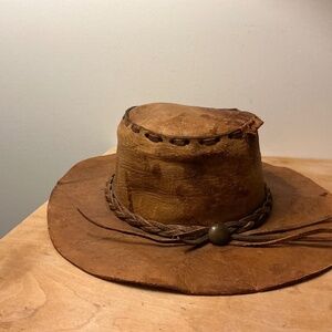 Vintage Handcrafted Brown leather outback hat, braided hat band laced crown